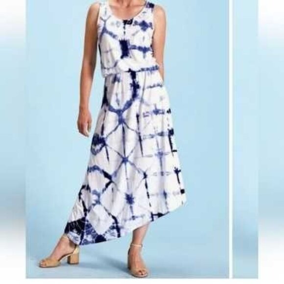 Fresh Produce Navy Blue Tie-Dye Adaria Asymmetric Maxi Dress Size L Tivoli Aria - Picture 1 of 10